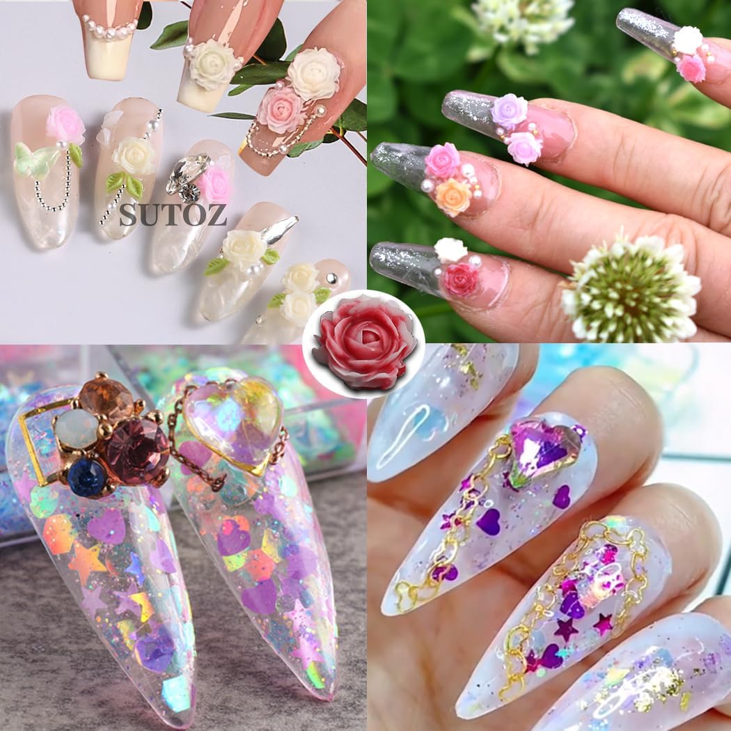 12 Grids Rose Flower Nail Charms with Iridescent Glitter Sequins and 1 Pen for Nail Art - Image 6