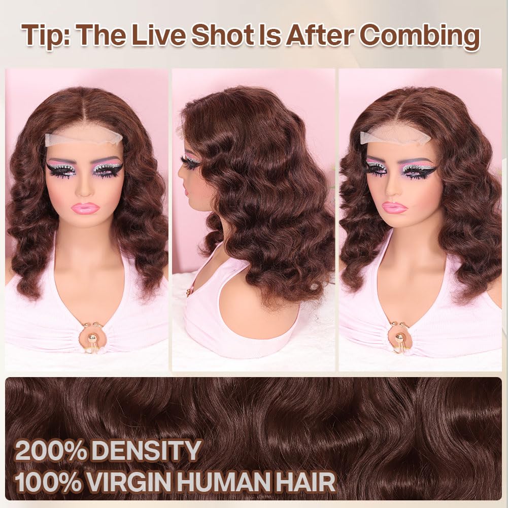 Chocolate Brown 14 Inch Body Wave Bob Wig 200 Density Human Hair with HD Lace - Image 3