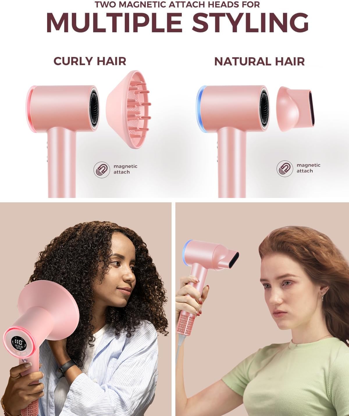 Professional High-Speed Hair Dryer with Diffuser, 110,000 RPM, 5 Temps, 3 Speeds, Light Pink - Image 6