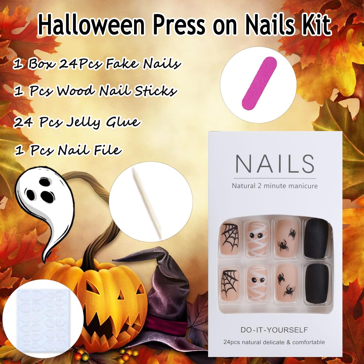 Short Square Halloween Press on Nails with Spider Web Designs 24Pcs - Image 6