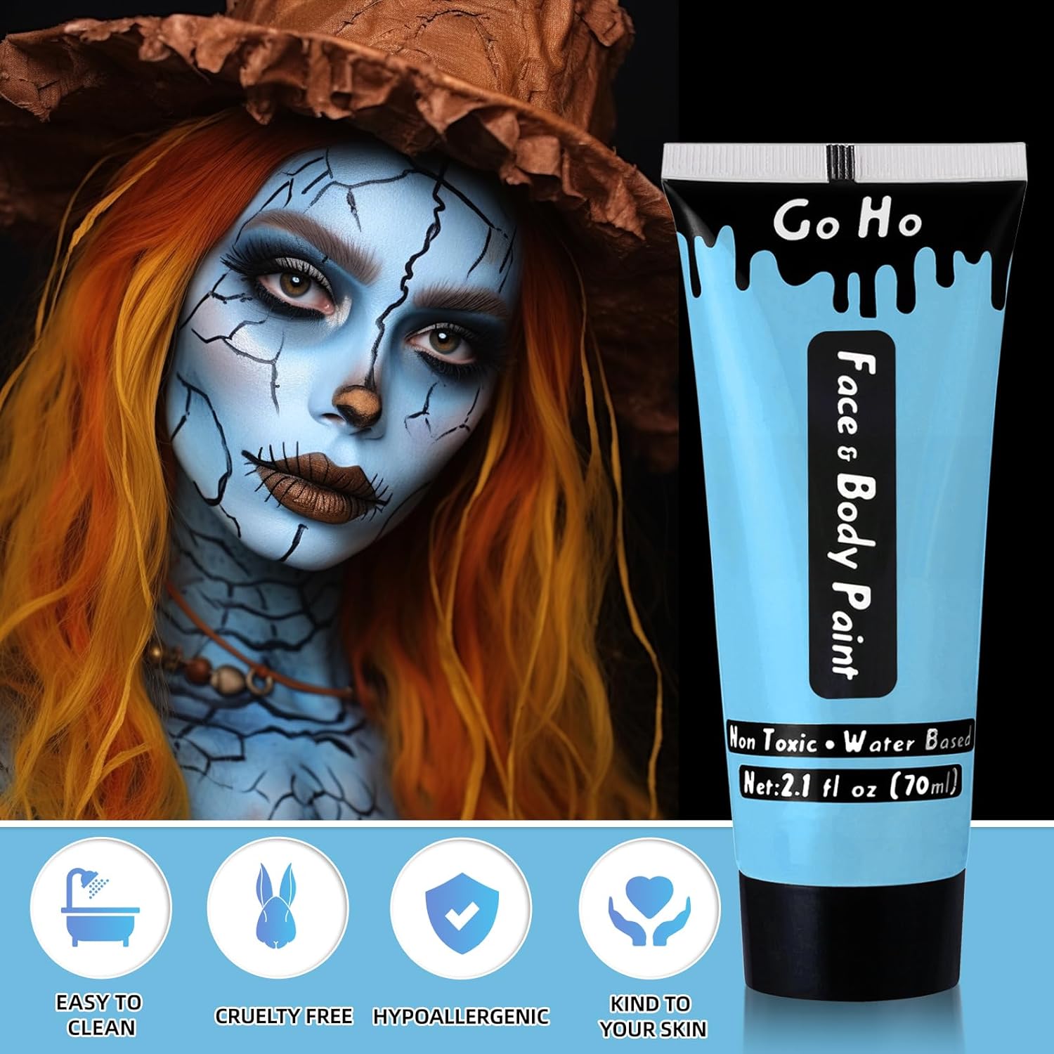 Go Ho Washable Light Blue Face and Body Paint, 2.37 oz Cream for Costumes Cosplay - Image 2