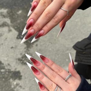 BABALAL Press on Nails Long Stiletto Fake Nails Dark Red Goth Glue on Nails White French Tip Acrylic Nails Almond False Nails 24Pcs Punk Halloween Stick on Nails