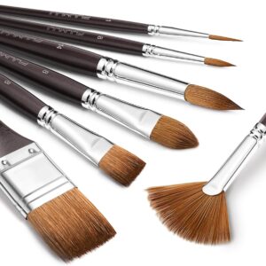 Sable Watercolor Brushes Professional, Fuumuui 7Pcs Sable Brush Set Variety Shapes with Flat, Round Pointed, Cat's Tongue Oval Wash Fan Brush Perfect for Watercolor Gouache Inks Painting