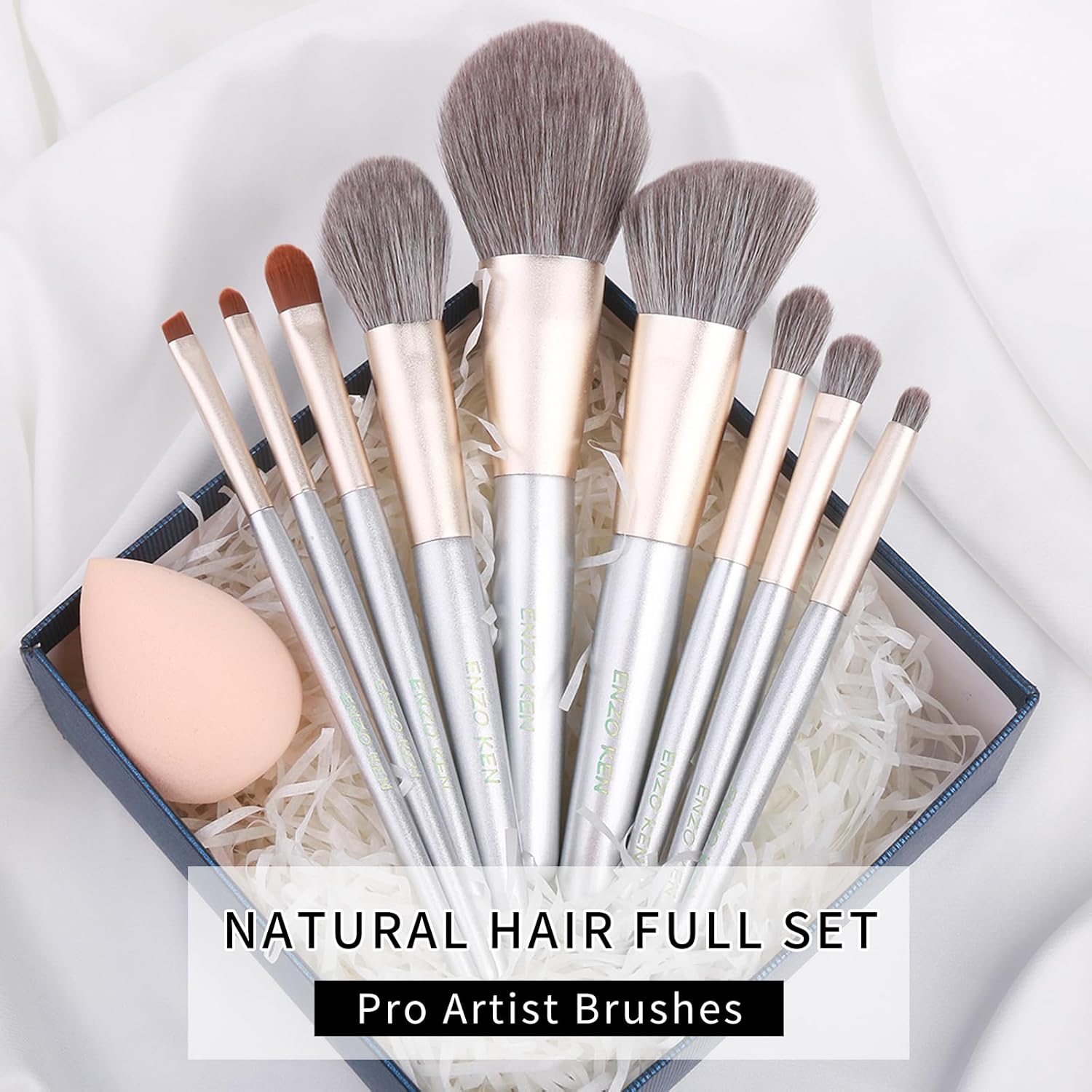 Natural Grey Squirrel Hair Makeup Brush Set with Case, 12 Piece Professional Cosmetic Brushes - Image 2