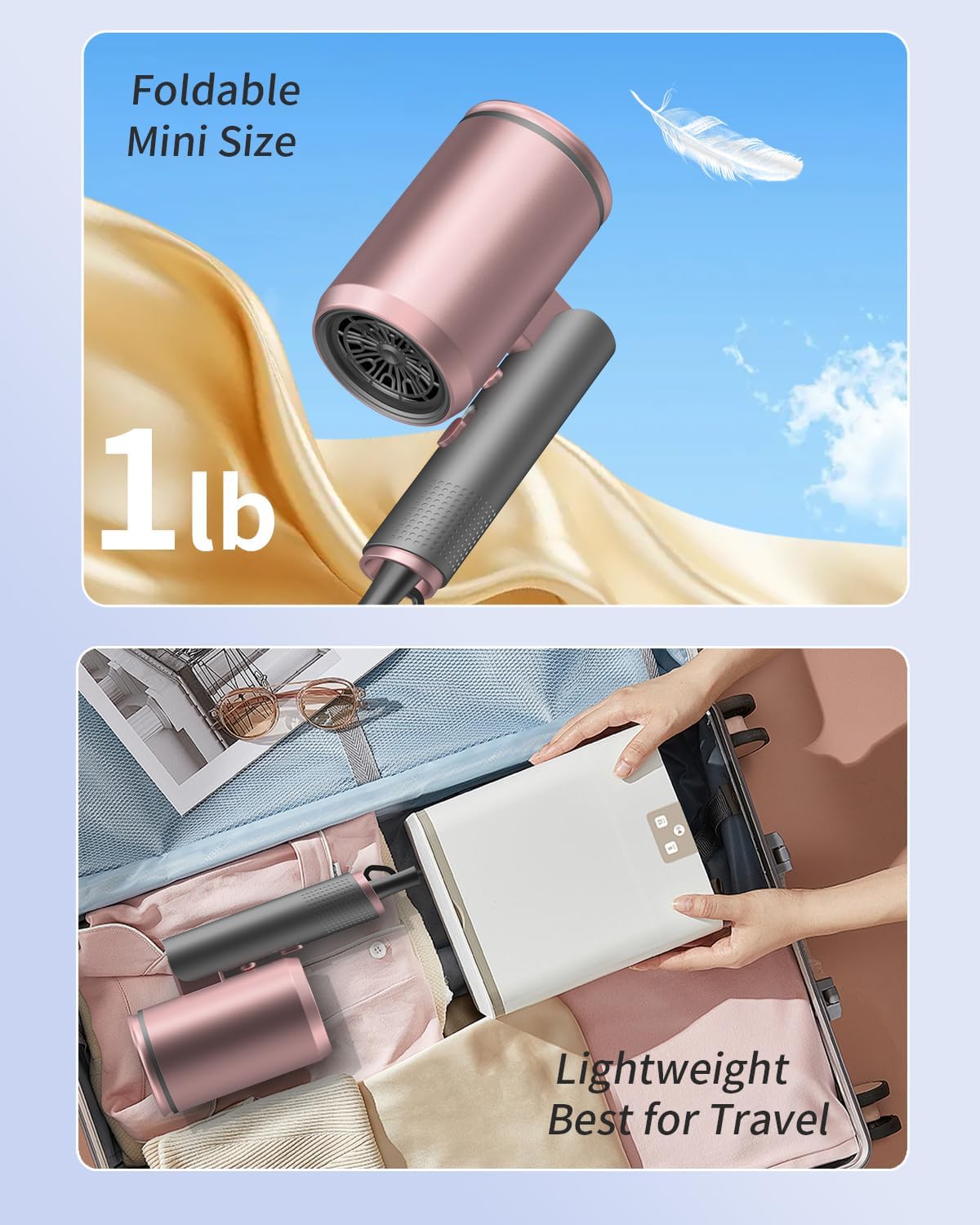 Portable 1600W Ionic Hair Dryer Pink Grey Foldable Handle with Diffuser and Comb Nozzle - Image 4