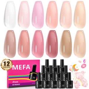 MEFA Jelly Gel Nail Polish Set, 12 Colors Nude Pink Milky White Sheer Nail Polish Neutral Transparent Gel Nail Soak Off DIY Nail Art Home Salon Manicure Gifts for Girls
