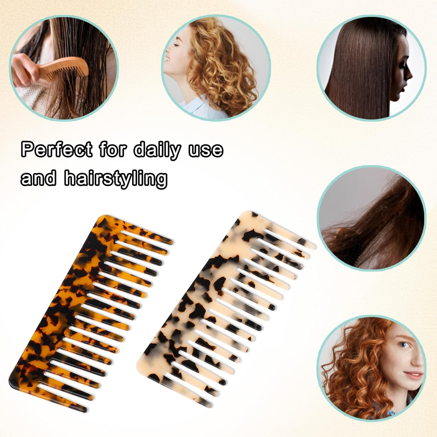 Cellulose Wide Tooth Comb Set 6-Inch Detangling Combs for Curly Thick Hair 2 Piece Tortoise Shell Ivory - Image 5