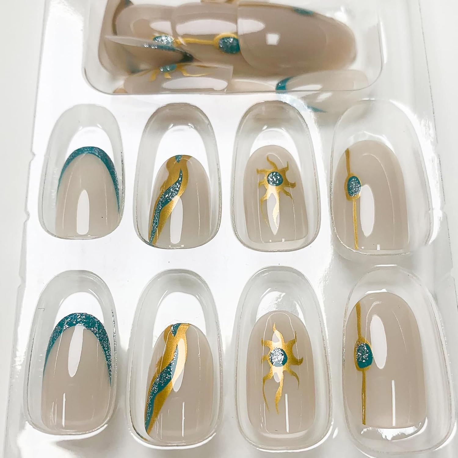 Short French Tip Oval Almond Acrylic Nails Gold Sun Marble Design 24 Pcs Set - Image 3