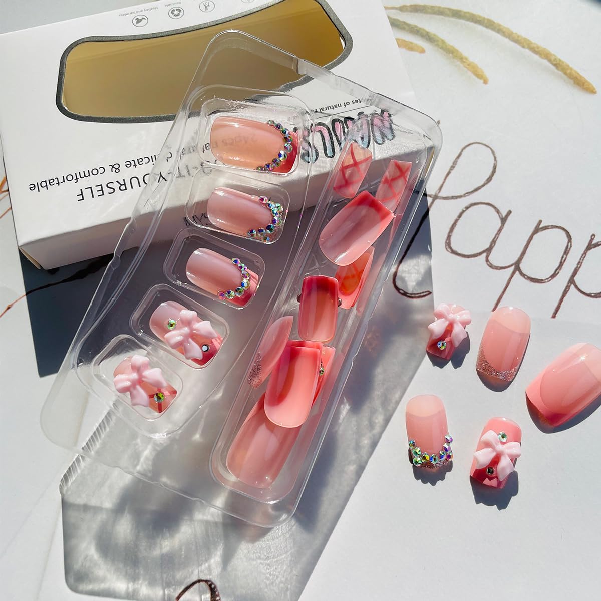 24 Piece Set Short Square Pink French Tip Press On Nails with Rhinestone Charms for Women Girls - Image 3