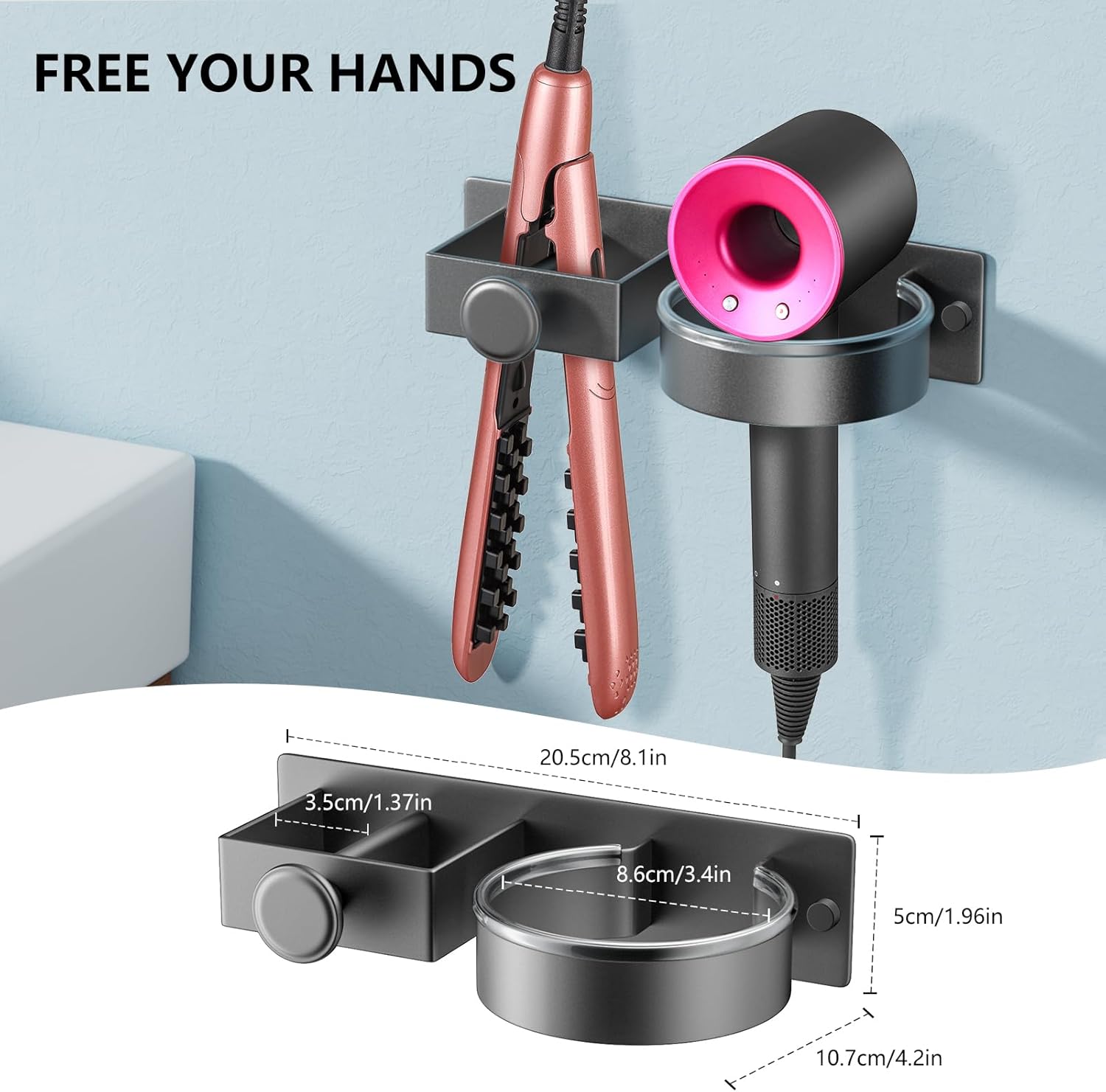 YUET Grey Wall Mount Hair Dryer and Straightener Organizer with Integrated Cable Tidy Rack - Image 5