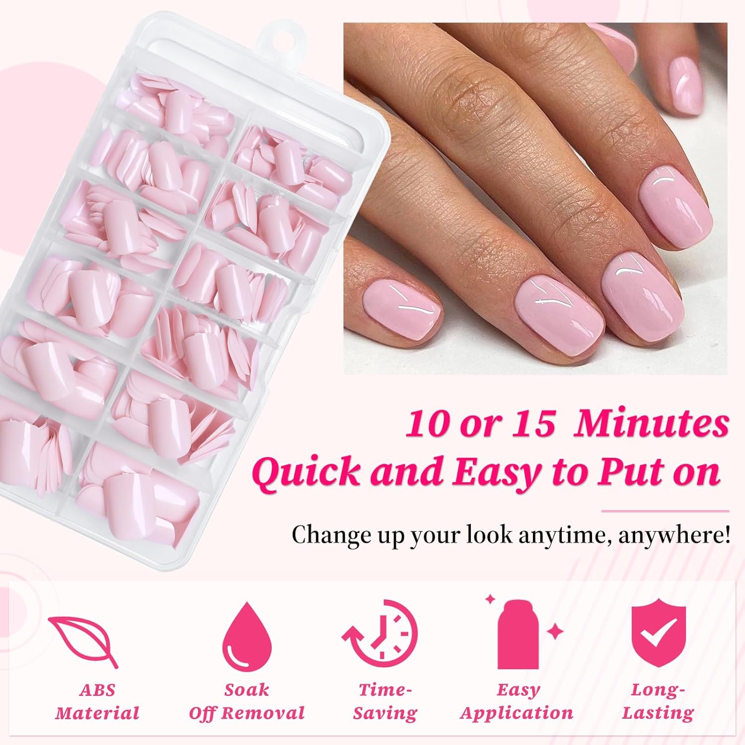 240pc Baby Pink Short Square Press On Nails Kit with Glue - Image 3
