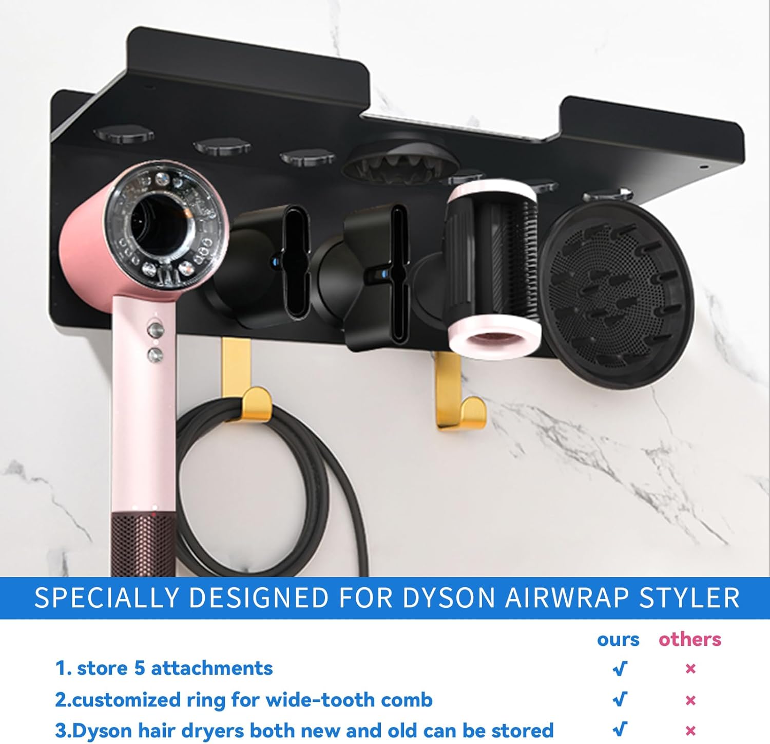 Dyson Airwrap Styler HD16 Hair Dryer Wall Mount Holder with Magnetic Organizer and Hooks for Attachments - Image 6