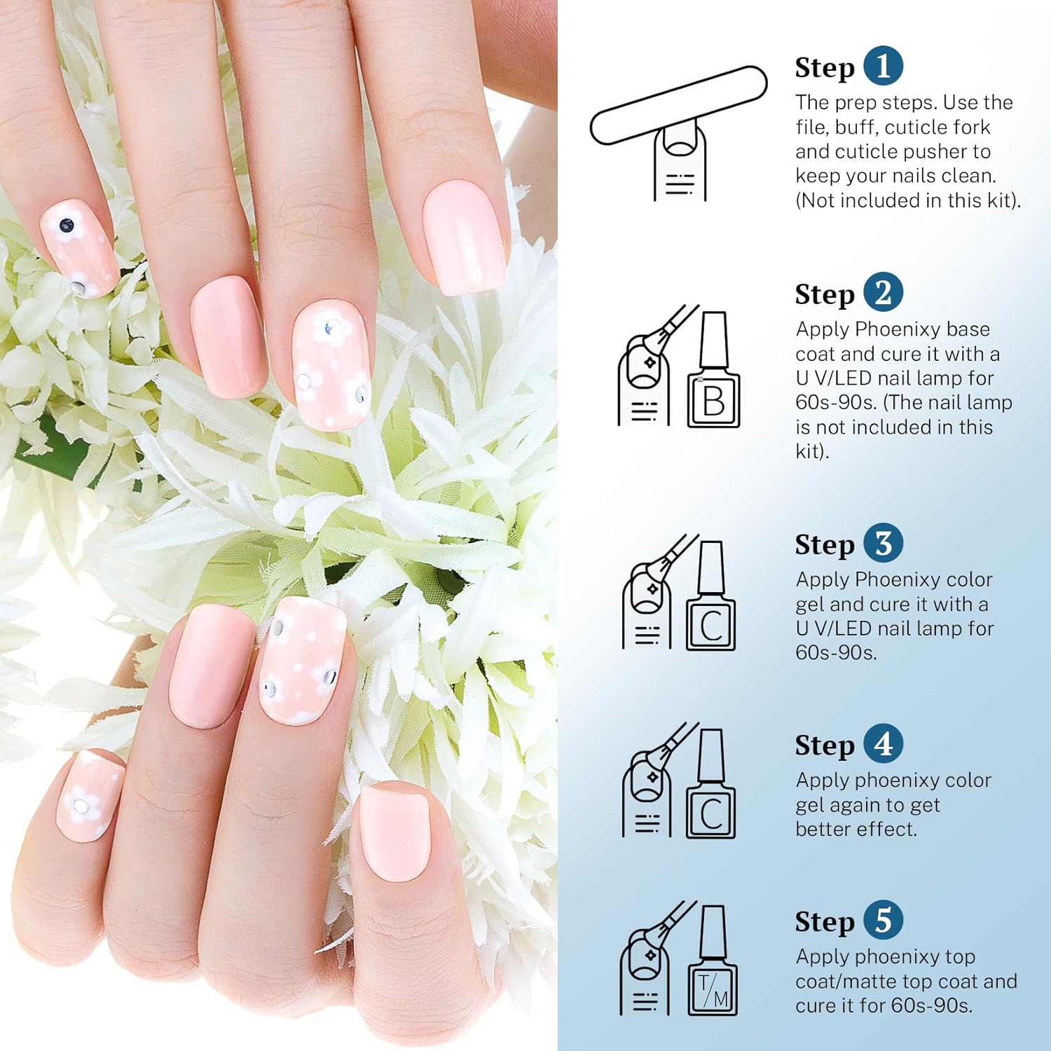 PHOENIXY 24-Piece Gel Nail Polish Set Blue Pink Base Top Coat - Image 7