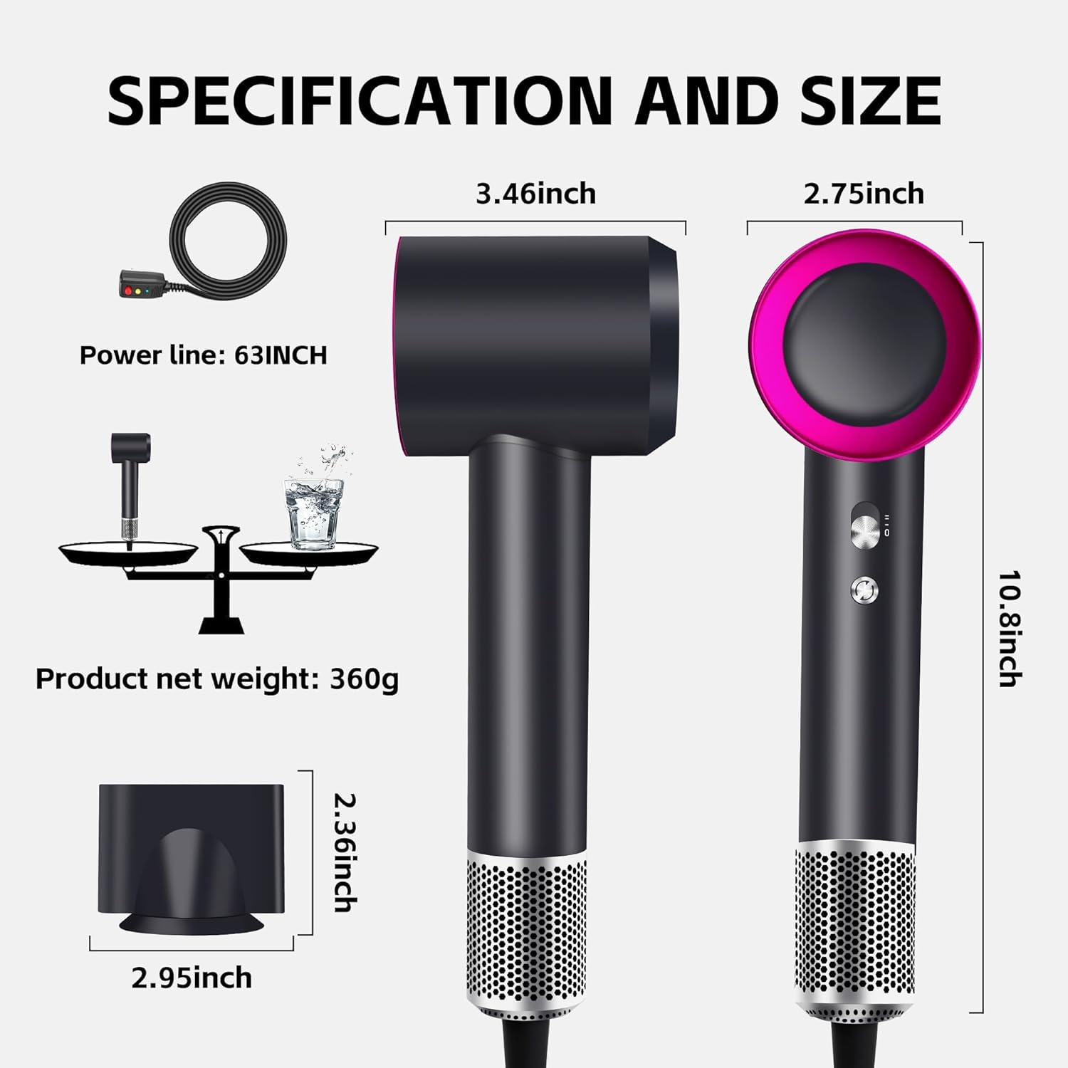 Fuchsia 1600W High-Speed Hair Dryer with 110000 RPM Brushless Motor and Ionic Technology Diffuser - Image 5