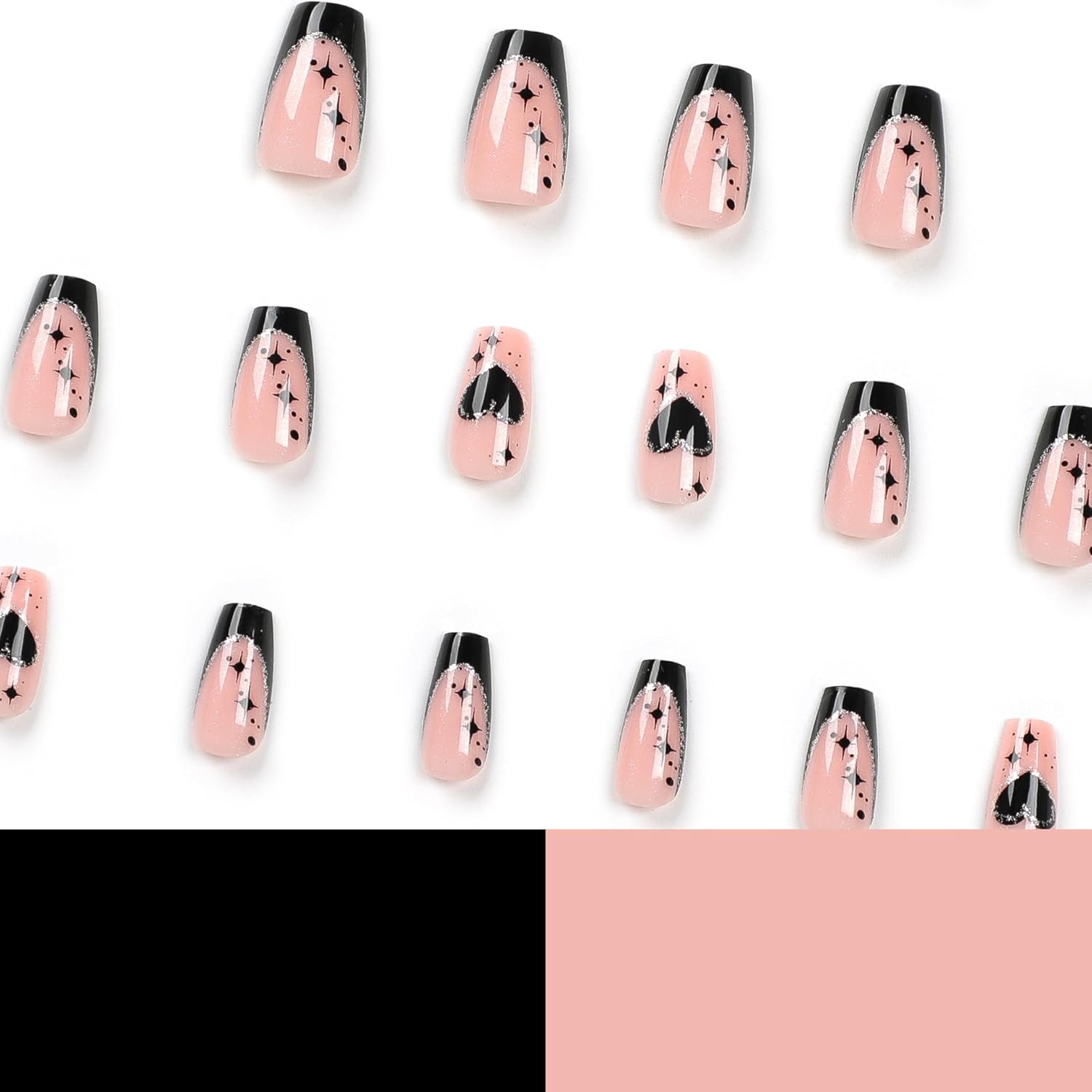 Black French Tip Medium Coffin Press on Nails Black Heart Star Design 24 Count - Image 3
