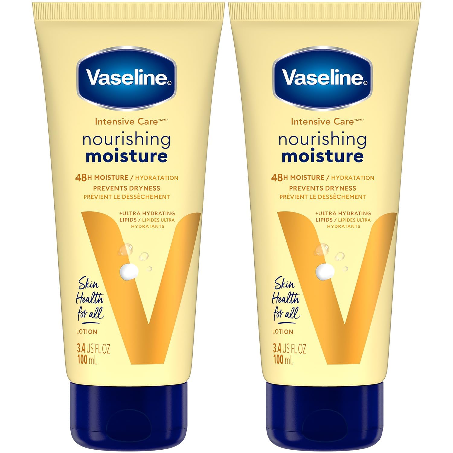Vaseline Lotion, Intensive Care Nourishing Moisture 2-Pack โ Moisturizer with Oat Extract + Ultra-Hydrating Lipids for Healing Extremely Dry Skin, 3.4 Oz Ea