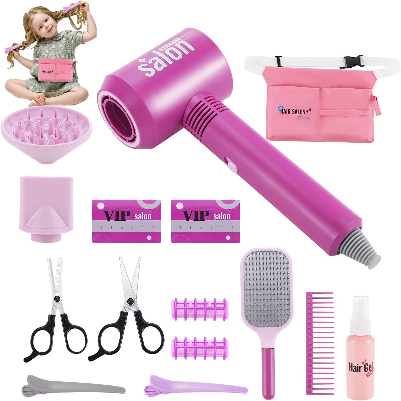15PCS Hair Salon Toys for Girls,Kids Beauty Salon Toy Kit Pretend Hair Styling Set with Blow Dryer, Stylist Toolbag,Scissors and Stylist Accessories
