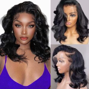 Body Wave Lace Front Wigs Human Hair Glueless Short Wavy Bob Wigs Human Hair Pre Plucked With Baby Hair 13x4 Loose Wave Wigs For Women Human Natural Color 180% Density