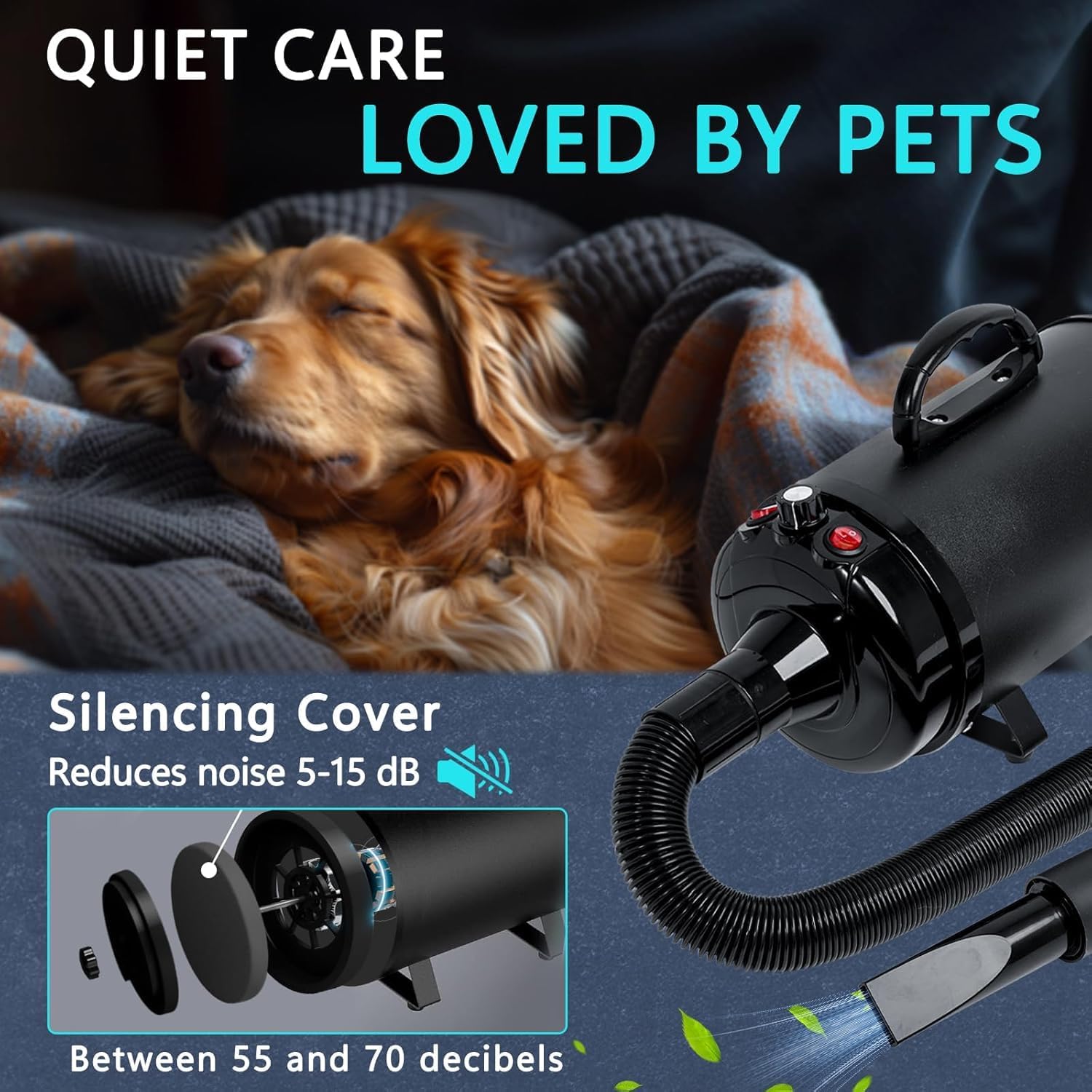 High Velocity Pet Grooming Dryer 5.2HP 3800W, Adjustable Speed & Temp, 4 Nozzles & Comb - Image 4
