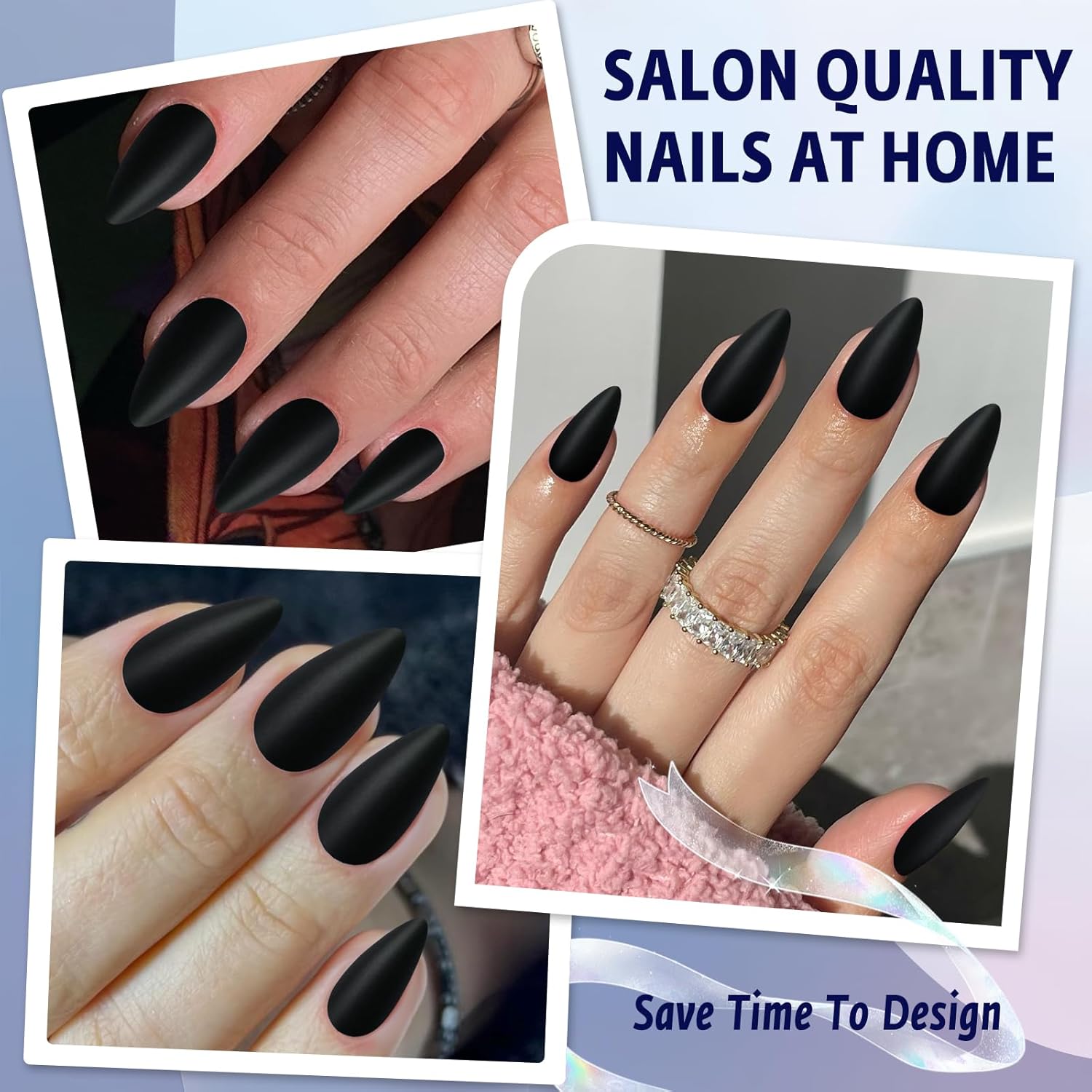 240pc Almond Matte Black Press On Fake Nails Kit for Women & Girls - Image 7