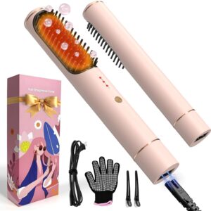 Portable Cordless Hair Straightener Brush for Travel, 2-in-1 Hair Straightener with Negative Ion Technology, Anti-Scald, Fast Heating, 3 Temp Set, Auto Shut-Off, Ideal Gift for All Types