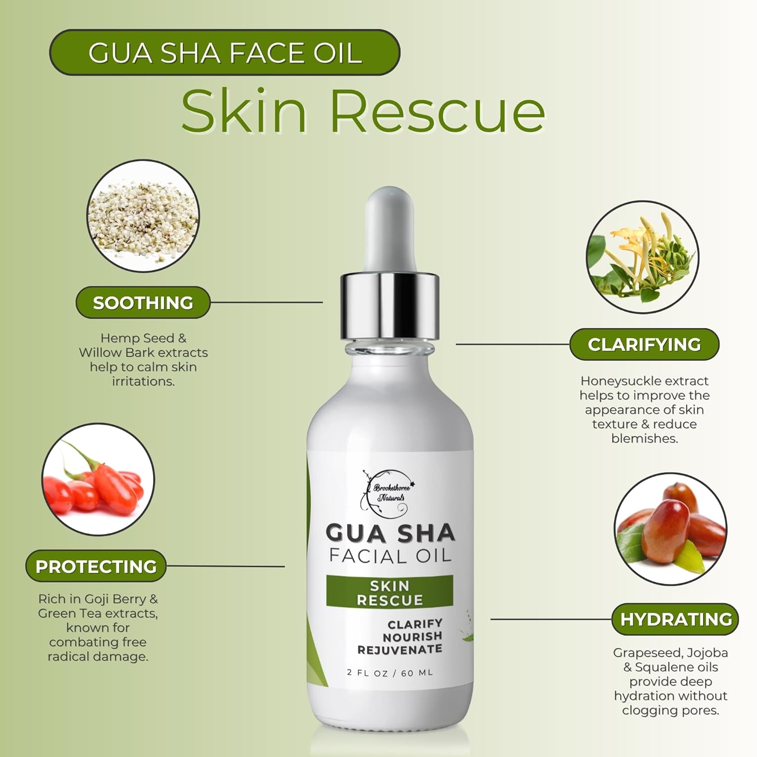 Brookethorne Naturals 30ml Gua Sha Face Oil with Green Tea and Hemp Extracts - Image 2