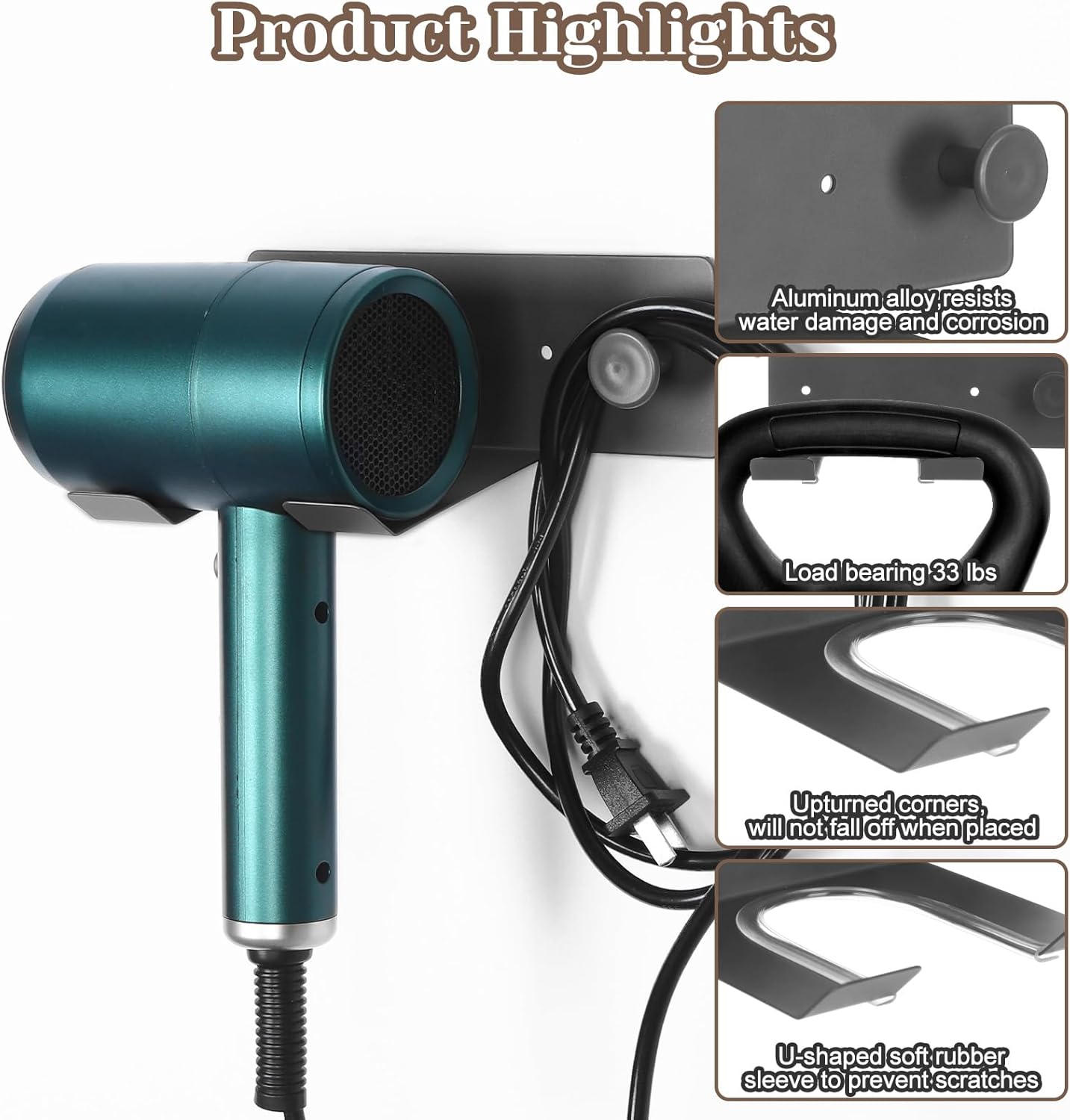 Hair Dryer Holder Wall Mounted, Self Adhesive Stainless Steel Hairdryer Holder for Bathroom No-Nail Adhesive, Enlarged 1.85-Inch Aperture Compatible with Dyson Blow Dryer Fits Most Hairdryer,Sliver - Image 3
