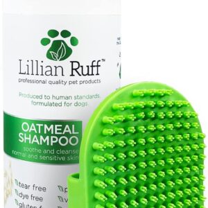 Lillian Ruff Calming Oatmeal Pet Shampoo for Dry Skin & Itch Relief with Aloe & Hydrating Essential Oils - Replenish Moisture & Deodorize - Gentle Dog Shampoo for Normal/Sensitive Skin (16oz & Brush)