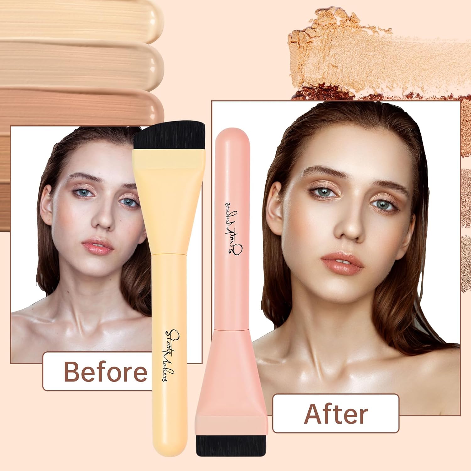 2-Piece Ultra Thin Foundation Brush Set Flat Top Angled Head Pink Yellow - Image 5