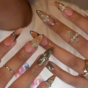 24Pcs French Tip Press On Nails Short Almond– Natural Nude Y2K Style with 3D Charm Designs, Soak-Off Fake Nails,12 Sizes Hand-Painted Nail Tips for Daily Wear(023)