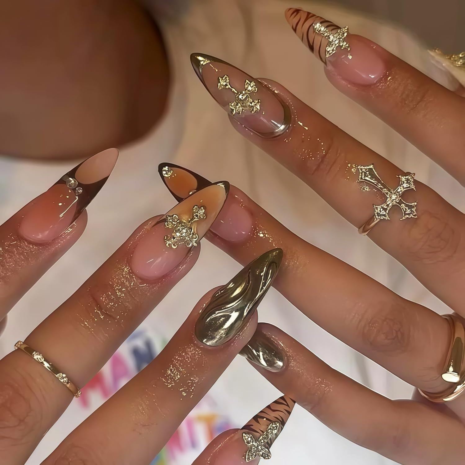 24Pcs French Tip Press On Nails Short Almond– Natural Nude Y2K Style with 3D Charm Designs, Soak-Off Fake Nails,12 Sizes Hand-Painted Nail Tips for Daily Wear(023)
