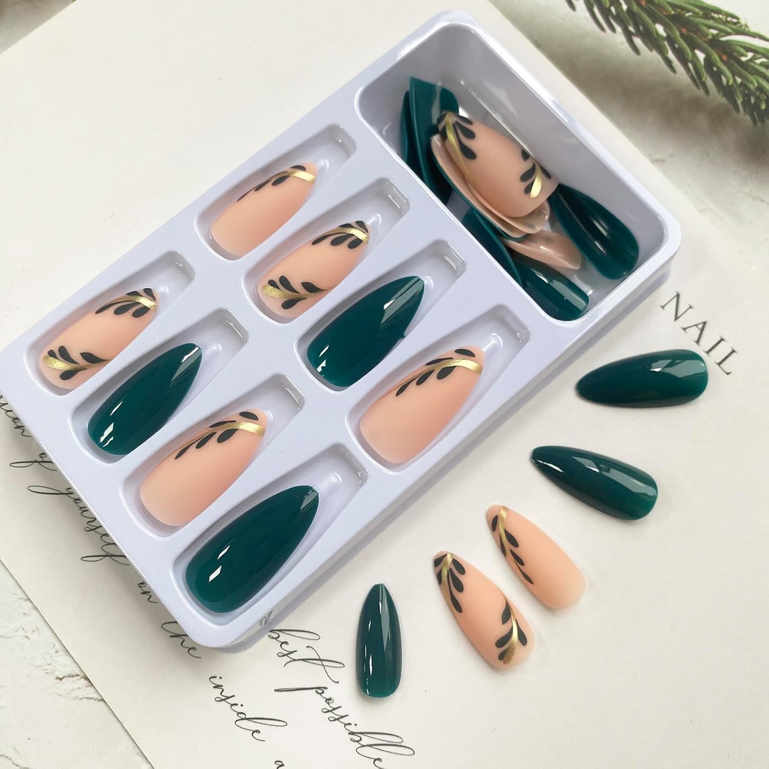 24 Pcs Medium Length Almond Shaped Press on Nails in Green with Gold Leaf Designs - Image 2