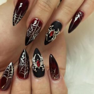 BABALAL Black Red Nails Press on Goth Fake Nails Medium Almond Glue ons Nails with Metallic Spider Charm Design Halloween Acrylic Nails 24Pcs Stiletto Glossy Handmade Manicure False Nails