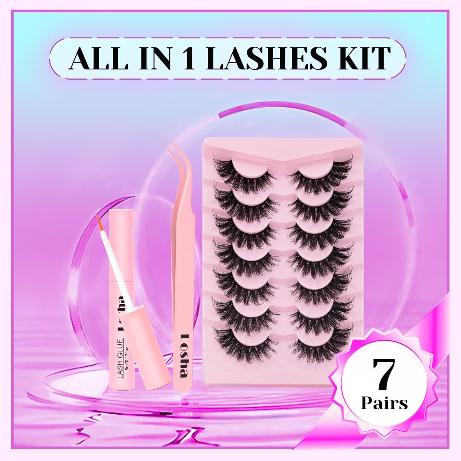 Losha Lashes 7 Pairs Fluffy Volume Cat Eye False Eyelashes Kit with Glue and Tweezers, Natural Soft - Image 7