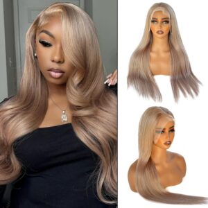 HD Transparent Lace Front Wigs Human Hair 24Inch Ash Blonde Wigs,13x6 HD Straight Lace Frontal Wig Human Hair 180% Density Champagne Blonde Glueless Wig for Women,Pre Plucked with Baby Hair