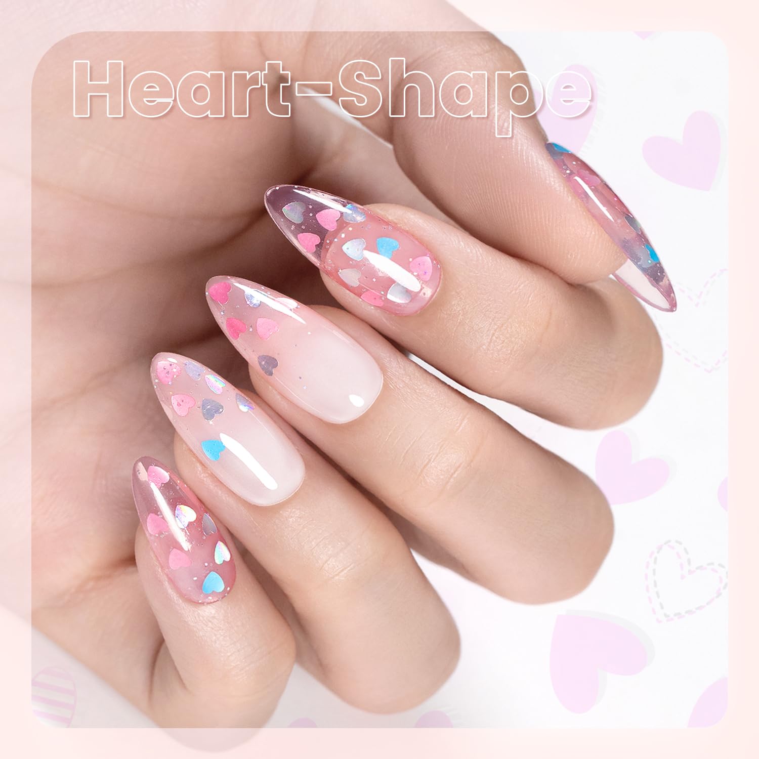 RARJSM 8ml Nude Clear Pink Heart Glitter Gel Nail Polish with Holographic Shine - Image 3