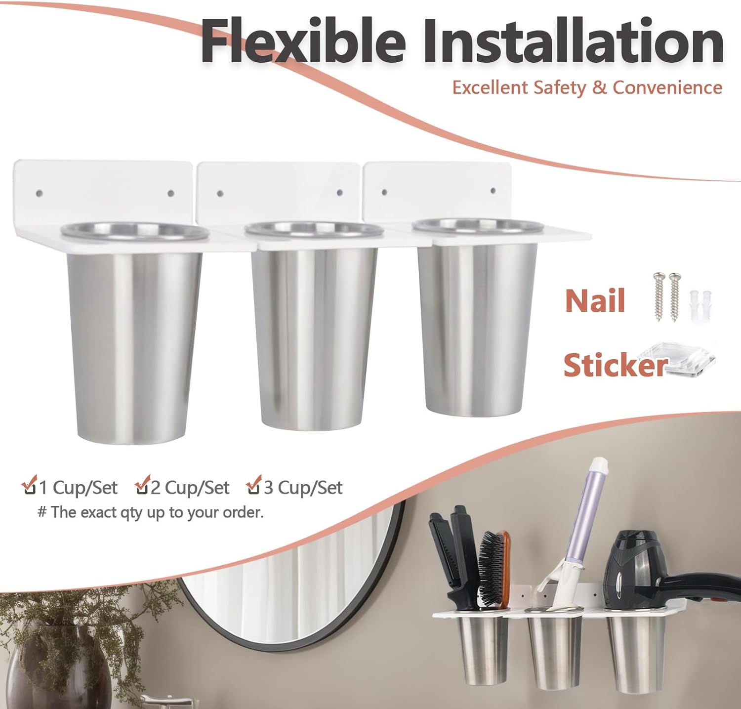 Wall Mount Hair Tool Organizer with 2 Cups for Dryer, Straighteners, Irons - Image 7
