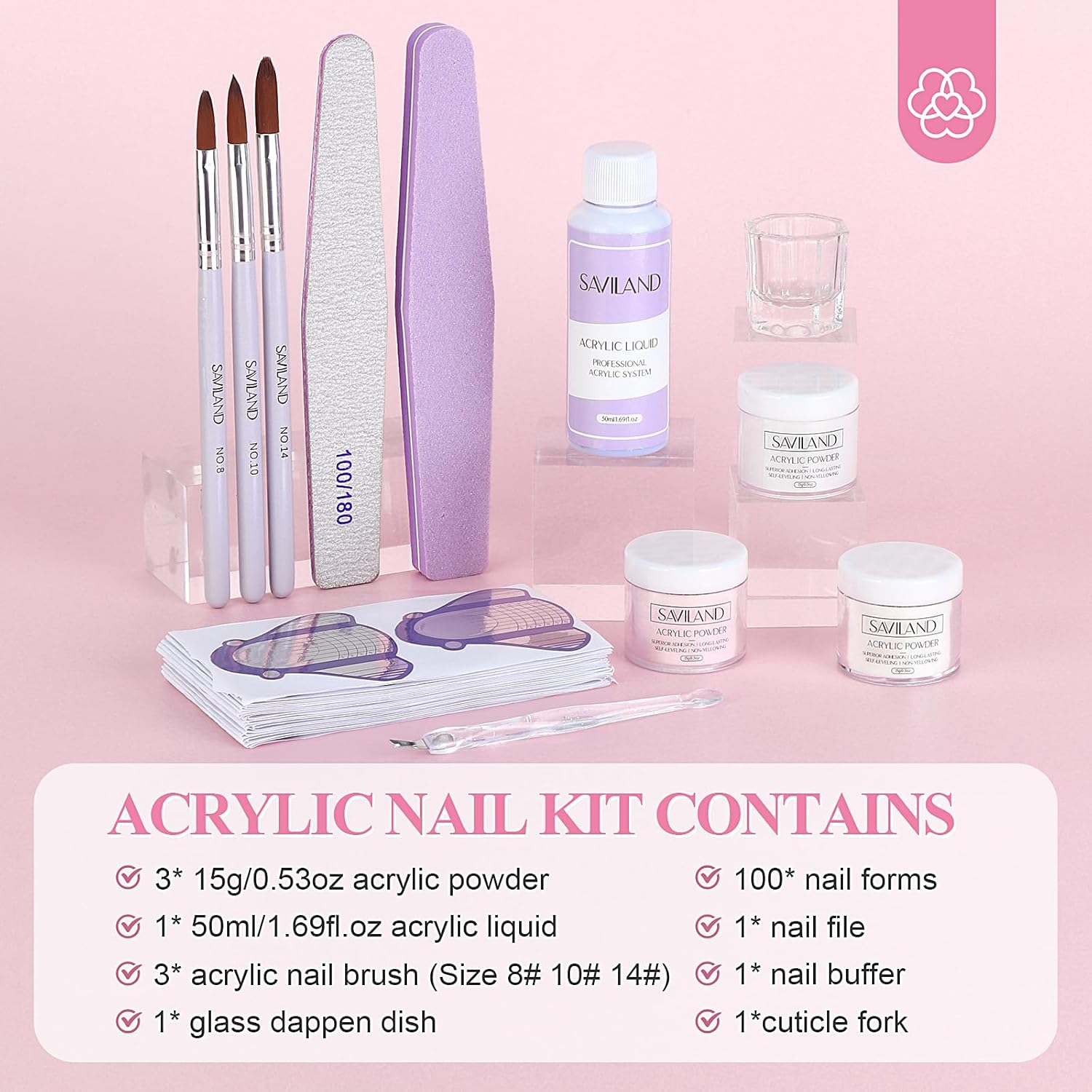 SAVILAND 15-Piece All-Inclusive Acrylic Nail Starter Kit for Beginners, Includes White, Pink, and Clear Powders with Liquid Monomer - Image 2