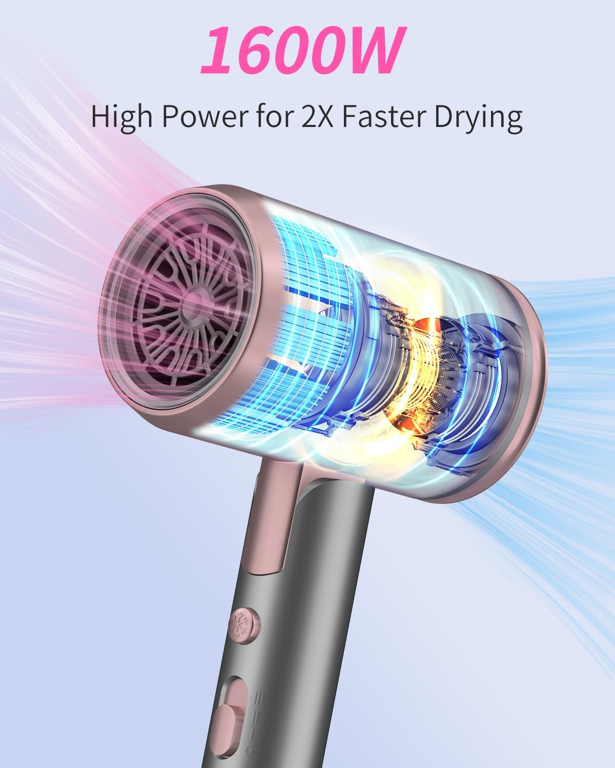 Portable 1600W Ionic Hair Dryer Pink Grey Foldable Handle with Diffuser and Comb Nozzle - Image 2