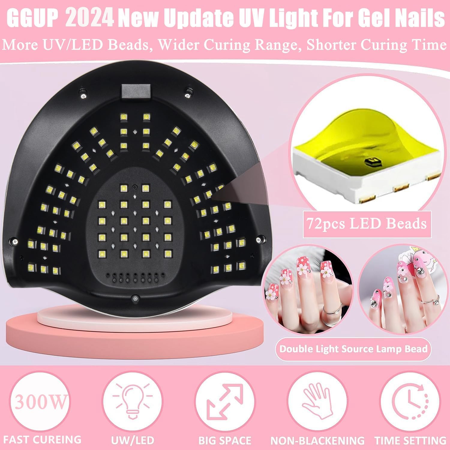 300W UV LED Gel Nail Lamp with 72 Beads, Auto Sensor, 4 Timer Settings - Image 3