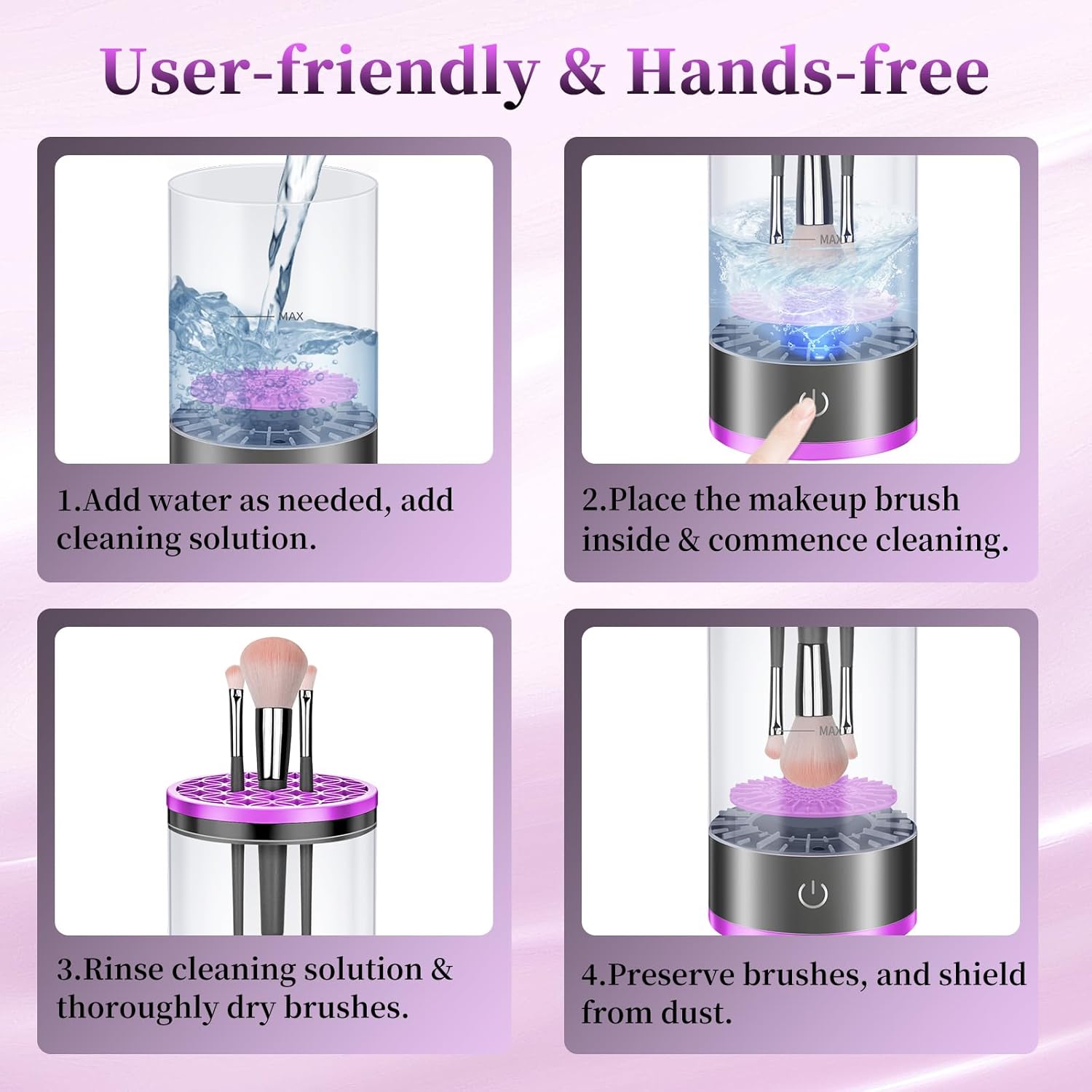 Electric Makeup Brush Cleaner Machine for Deep Cleaning All Brush Types, Portable Design - Purple - Image 6
