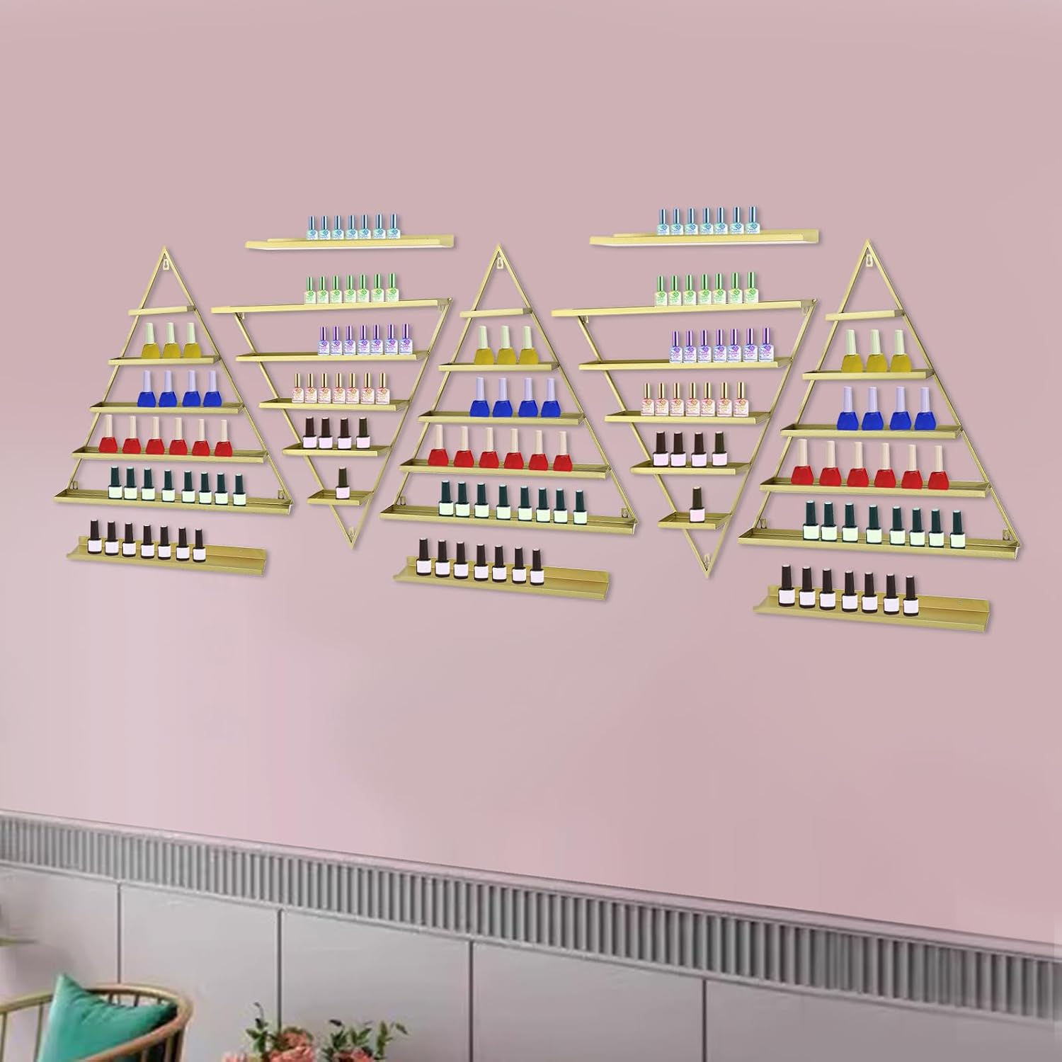 10 Piece Gold 5-Tier Wall-Mounted Nail Polish Makeup Organizer Display Shelf - Image 2