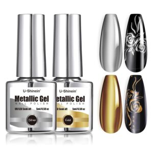 Gel Nail Polish, Metallic Mirror Glod&Super Shiny Mirror Silver High Gloss Metal Gel Polish Long-Lasting Soak Off UV/LED DIY Nail Art 5ml
