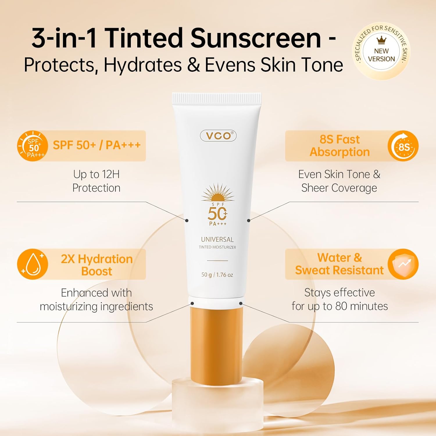 VGO Tinted Sunscreen Face SPF 50 Oil-Free Tinted Moisturizer 1.76oz No White Cast - Image 2