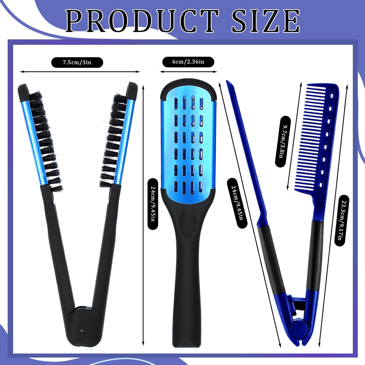 CHENGU 2-Piece Hair Straightening Comb Set, Boar Bristle, Double-Sided, Blue and Black - Image 2