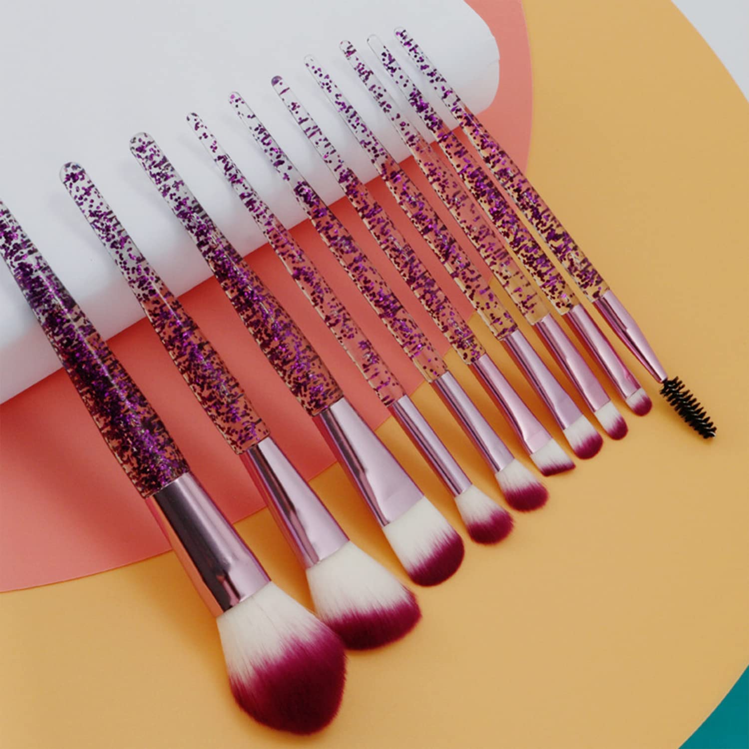 10 Piece Purple Glitter Handle Makeup Brush Set with Clear Pouch for Face & Eyes - Image 4