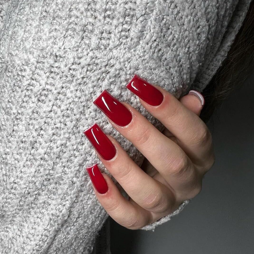 KQueenest Long Square Glossy Red Coffin Press On Nails 24 Piece Set - Image 2