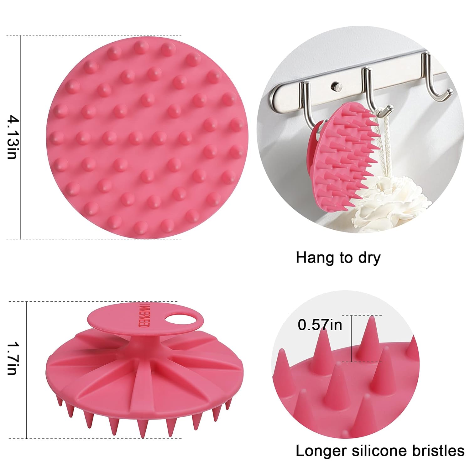 INNERNEED Pink Scalp Massager Shampoo Brush Soft Silicone Bristles All Hair Types - Image 2