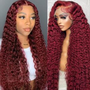 Glueless Burgundy Deep Wave Lace Front Wigs Human Hair Pre Plucked 99J Colored Red 13x4 Lace Frontal Human Hair Wigs for Black Women 180% Density Natural Hairline With Baby Hair 22 Inch