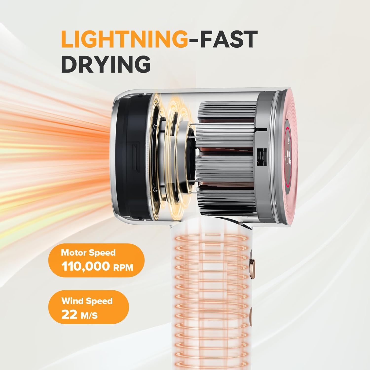 1500W LCD High-Speed Ion Hair Dryer White with Diffuser and Brushless Motor - Image 4